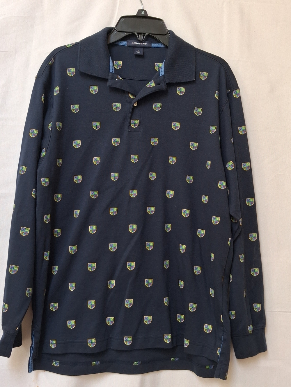 Lands End Boys Navy Blue Crest Print Long Sleeve Polo Shirt Size L 14-16